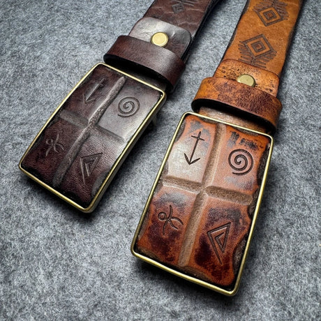 Norse Viking Runes Genuine Leather Men's Belt Pure Copper Buckle