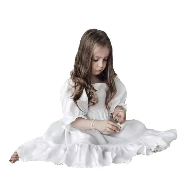 Girls Cotton and Hemp Bubble Sleeve Princess Dress