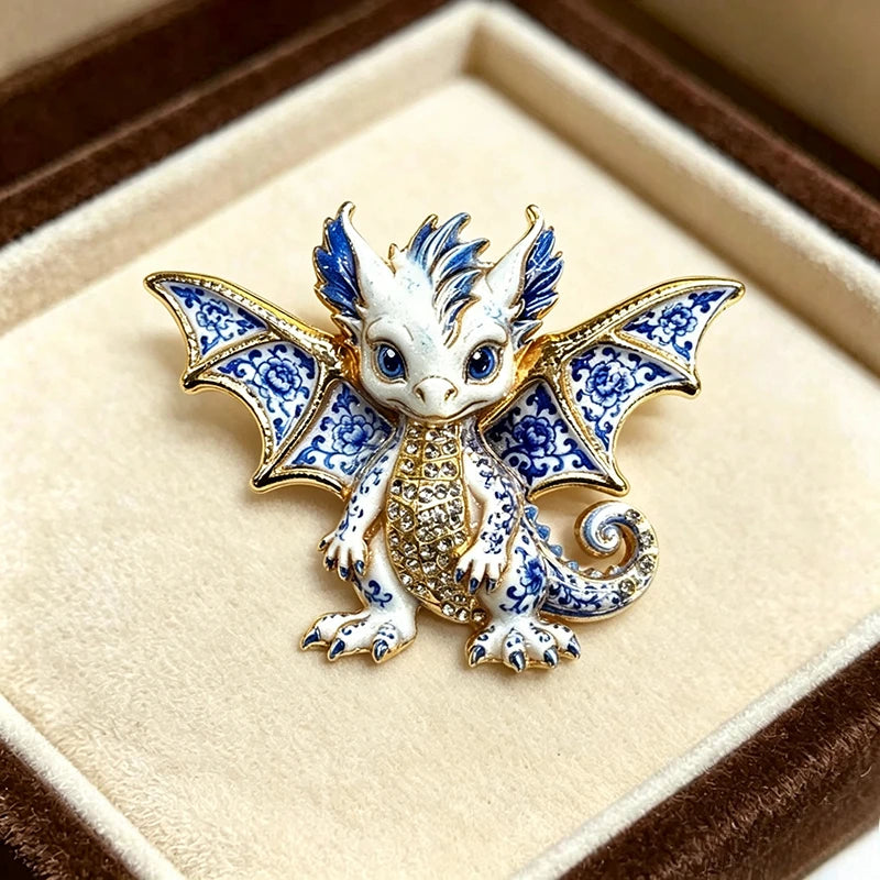 Blue Floral Baby Dragon Enamel Brooch with Rhinestones