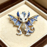 Blue Floral Baby Dragon Enamel Brooch with Rhinestones