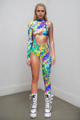 Asymmetrical Women Cyberpunk  Bodysuit Costume Colourful Jumpsuit Cosplay Halloween Party Performance Suit