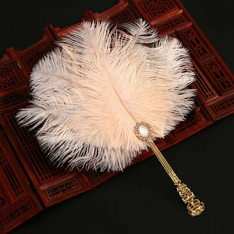 Ostrich Feather Fan Round Fan with Golden Hollow Handle Court Dance Hand Fans