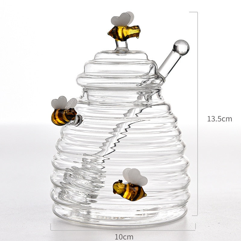 Glass Honey Bottle Honeycomb Bee Container with Dipper and Lid