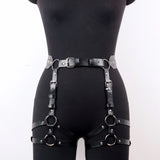 Black PU Leather Waist Garter Harness - Adjustable Multi-Strap Ring Design Belt Punk Grunge Outfits