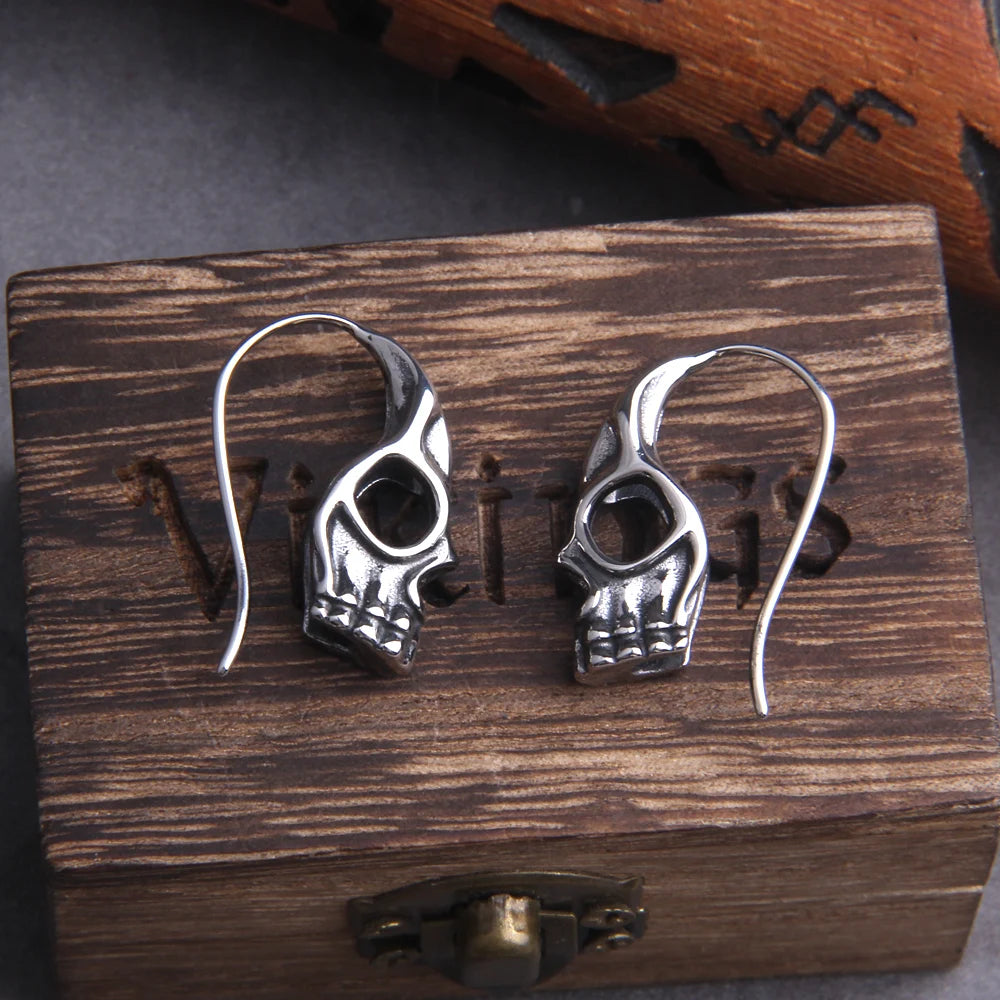 Vikings Skull Stainless Steel Hook Earrings for Men with Wooden Box