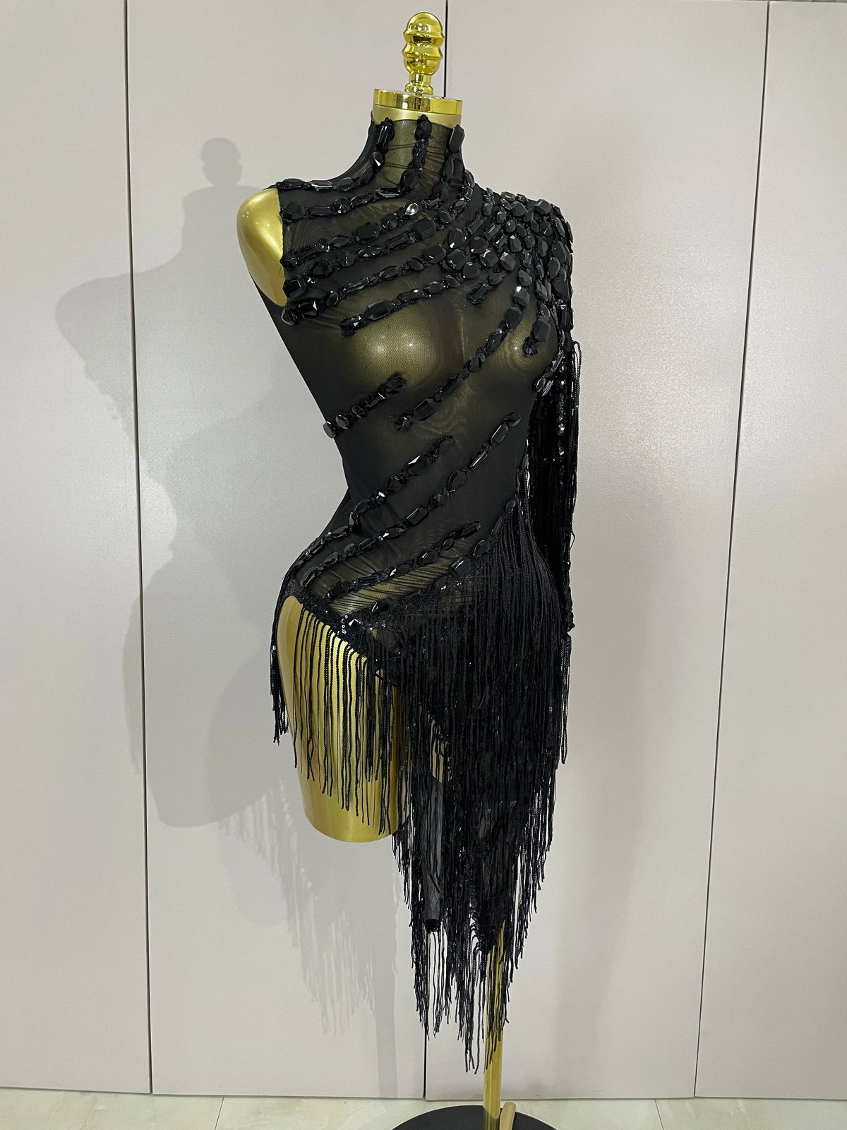 Sparkly Rhinestones Fringed Latin Dance Outfits Stage Performance Costume
