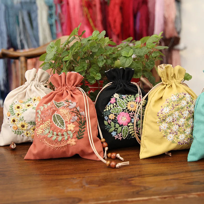 DIY Storage Drawstring Bag Embroidery Kit with Hoop DIY Craft Kits