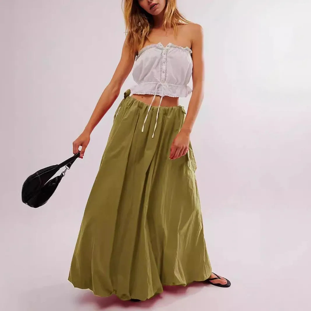Tara's Boho Skirts Low Waist Solid Colour Lace-up Bow Maxi Skirts