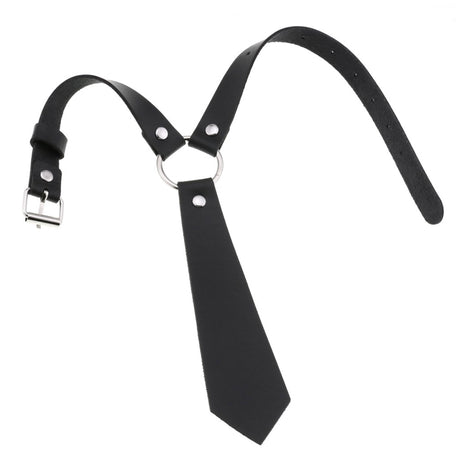 Imitation Leather Black Neck Tie Punk O-Ring Studded Choker Necklace