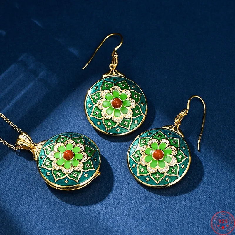 Green Lotus S925 Sterling Silver Locket Pendant Earrings Cloisonne Enamel