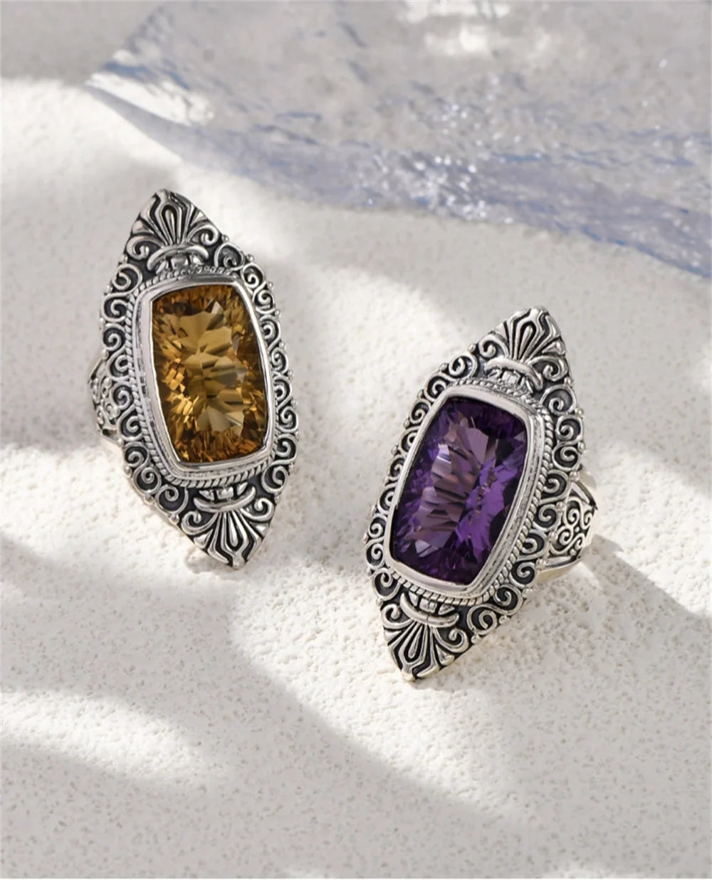 The Gypsy's Lantern S925 Sterling Silver Rings Natural Amethyst Yellow Crystal