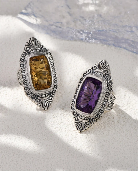 The Gypsy's Lantern S925 Sterling Silver Rings Natural Amethyst Yellow Crystal