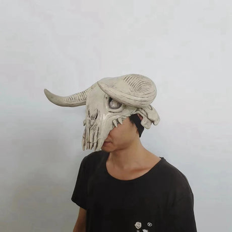 Bull Head Skull Mask Long Horn Totem Helmet Headwear Cosplay Costumes Props Latex Masks