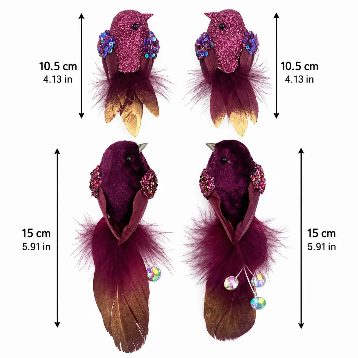 Purple Feather Birds 4PCS Christmas Clip On Tree Ornaments