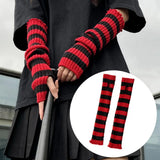 Stretch Knit Red-black Striped Goblincore Arm Warmers with Thumbhole
