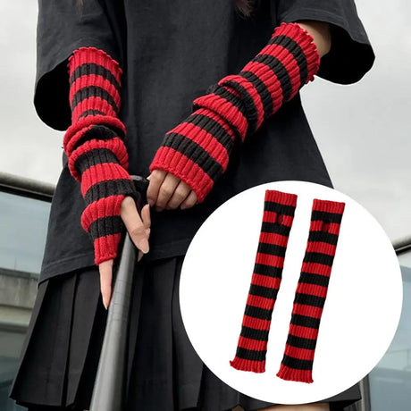 Stretch Knit Red-black Striped Goblincore Arm Warmers with Thumbhole