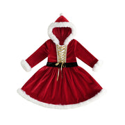 Girl Christmas Hood Dress 1-6Y Toddler Long Sleeves Cross Tie Winter Party Dress