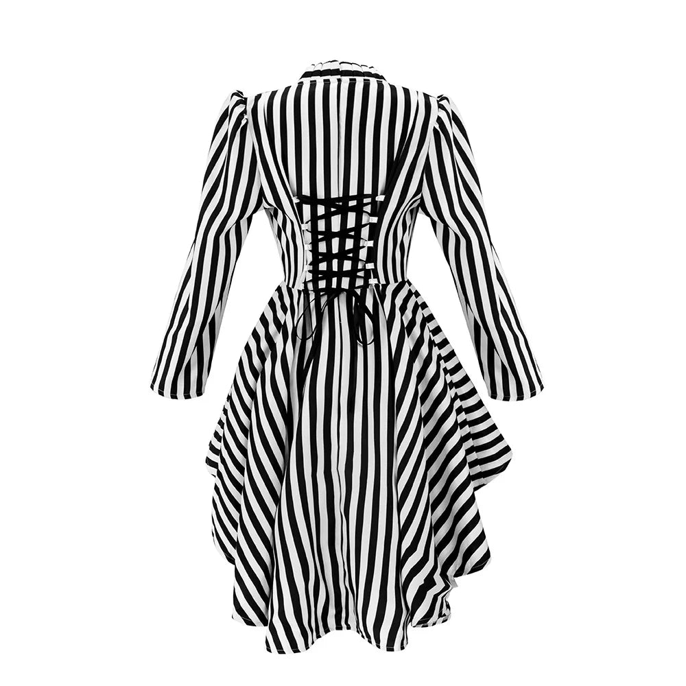 Womens Circus Ringmaster Lion Tamer Cosplay Costume Steampunk Victorian Irregular BW Stripes Coat