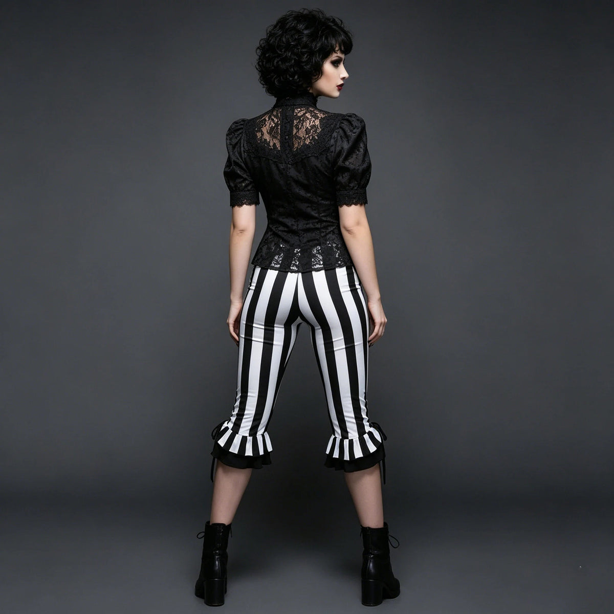 Women’s Black White Striped Capri Pants Slim Fit Bell Bottom Leggings Performance Wear Halloween Costumes