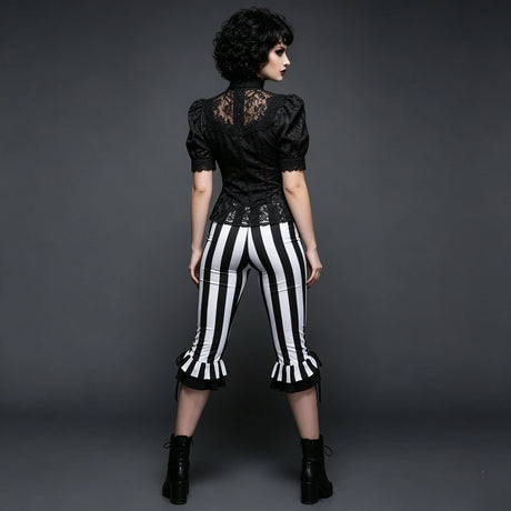 Women’s Black White Striped Capri Pants Slim Fit Bell Bottom Leggings Performance Wear Halloween Costumes