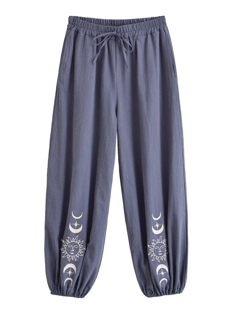 Sun Moon Embroidered Linen Cotton Baggy Pants Side Pockets Loose Yoga Wear