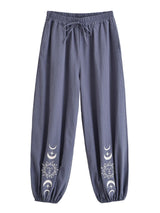 Sun Moon Embroidered Linen Cotton Baggy Pants Side Pockets Loose Yoga Wear