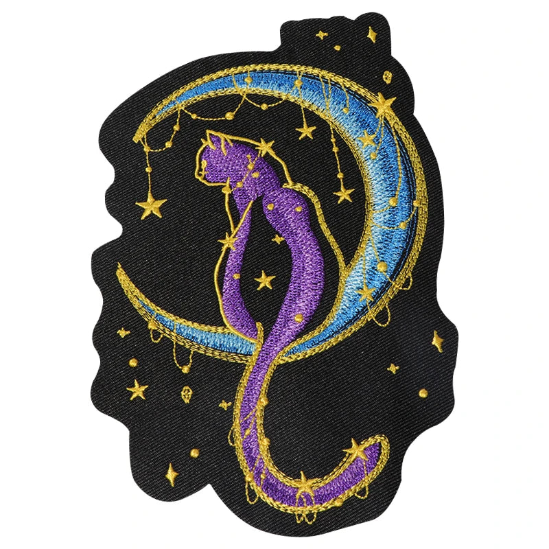 1PC Cat & Moon Star Embroidered Patch Iron On Sew On Patches DIY Craft