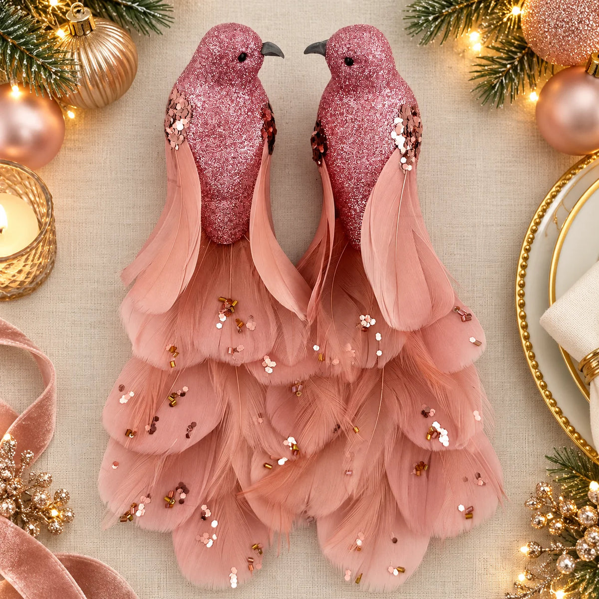 Pink Feather Birds 2PCS Christmas Bird Ornaments Christmas Tree Clips