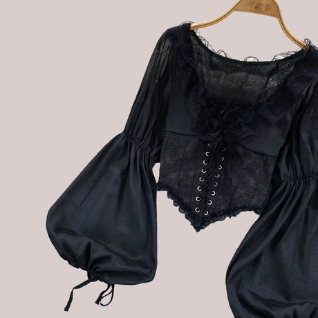 French Court Blouse Chiffon Lace Lace-up Top