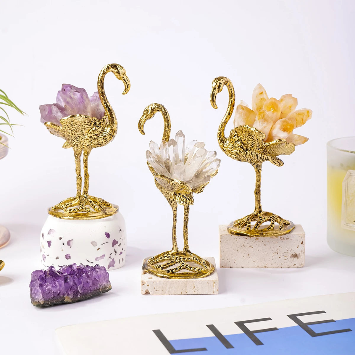 Natural Crystal Amethyst Citrine Flamingo Home Decor