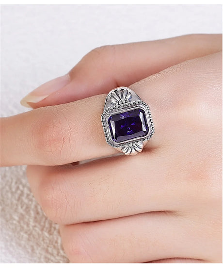 Maga's Portal Key S925 Sterling Silver Diamond Ring Square Natural Amethyst