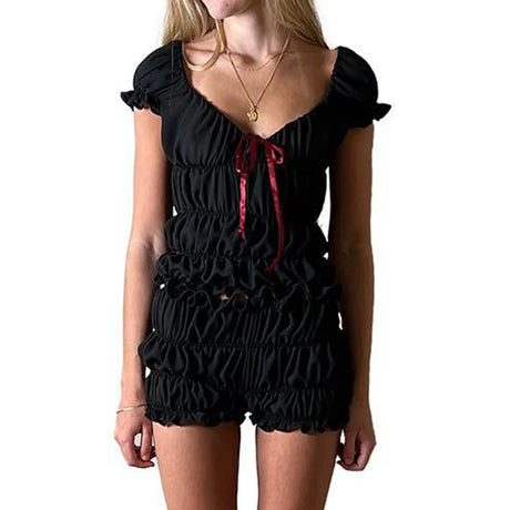Cottagecore 2 Piece Set Lounging Wear Ruched Off Shoulder Crop Tops + Shorts Kawaii Pyjamas