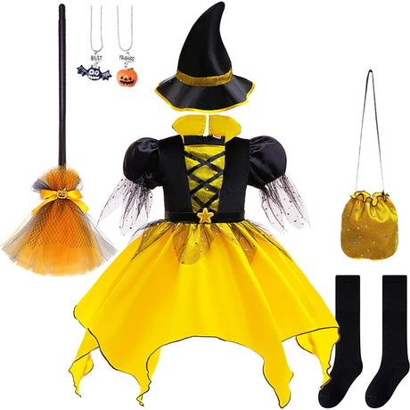 Girls Halloween Cosplay Yellow Witch Costume