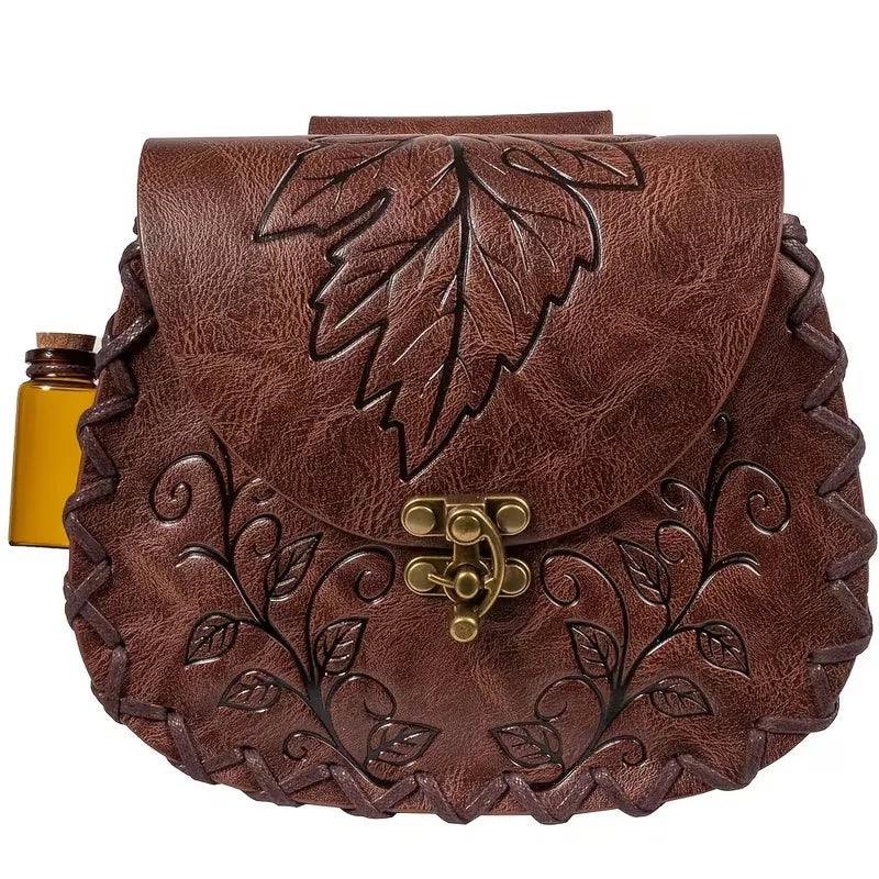 Medieval Leaf-Patterned Embossed PU Leather Waist Bag Forest Belt Pouch Renaissance Costume Accessories Cosplay Props