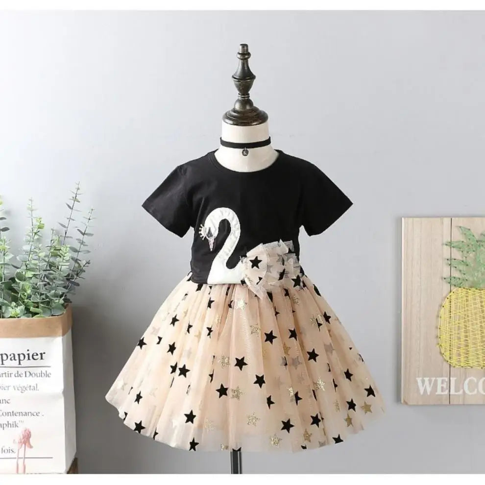 Swan T-Shirt+Sequin Skirts 2Pcs Baby Girls Clothing Sets Cotton Outfits