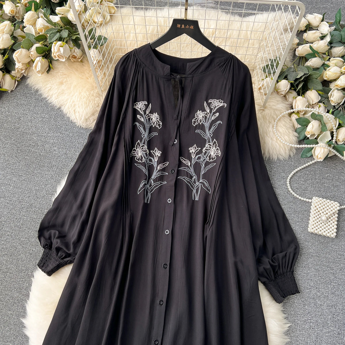 Olive's Embroidered Long Sleeve Shirt Dress