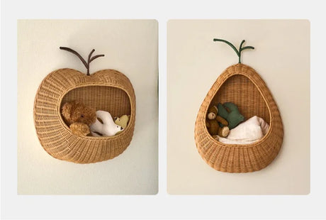 Handwoven Fruit Shape Wall Basket Apple Pear Wall-Mounted Storage Childrens Room Decor