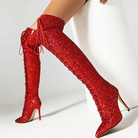 Gold Silver Red Lace-Up Over the Knee High Stiletto Boots