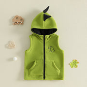 Dinosaur Fleece Vest Toddler Boy Hooded Cute Embroidery Full-Zip Sleeveless Jacket Coats Outerwear