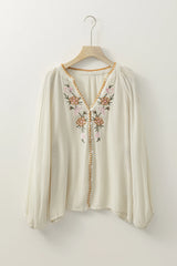 Gracie's Boho Blouses Floral Embroidery Button Down White Long-sleeved Shirt
