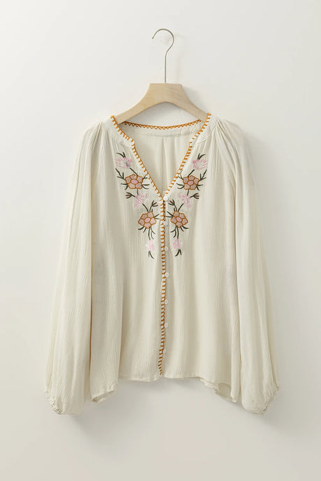 Gracie's Boho Blouses Floral Embroidery Button Down White Long-sleeved Shirt