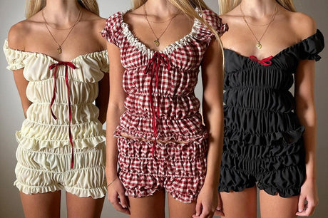 Cottagecore 2 Piece Set Lounging Wear Ruched Off Shoulder Crop Tops + Shorts Kawaii Pyjamas