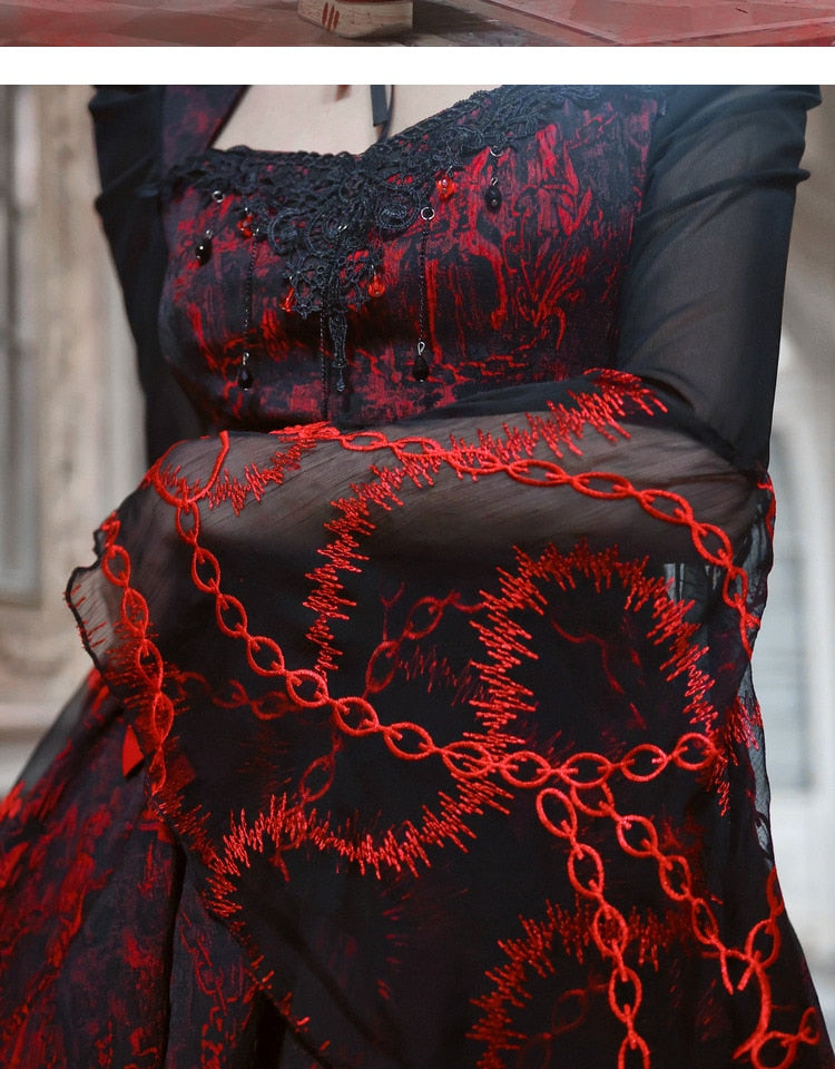 Red Gothic Embossed Jacquard Lace Top & Skirt
