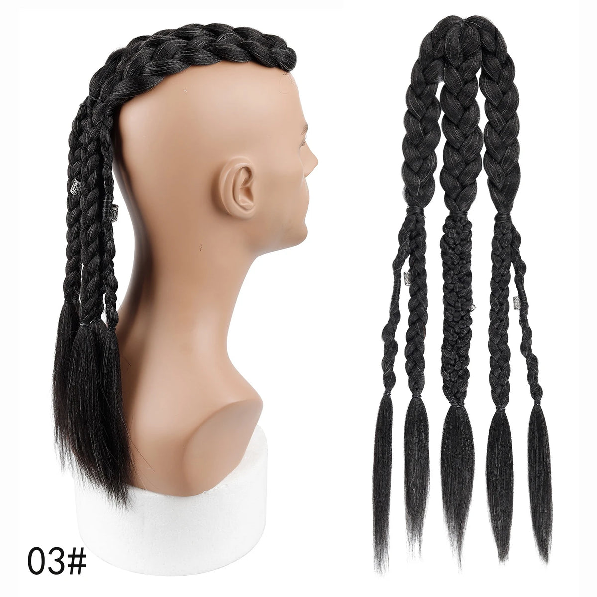 Viking Mohawk Cornrow Braided Mullet Wig Synthetic Thick 5 Braids with Metal Rings for Cosplay