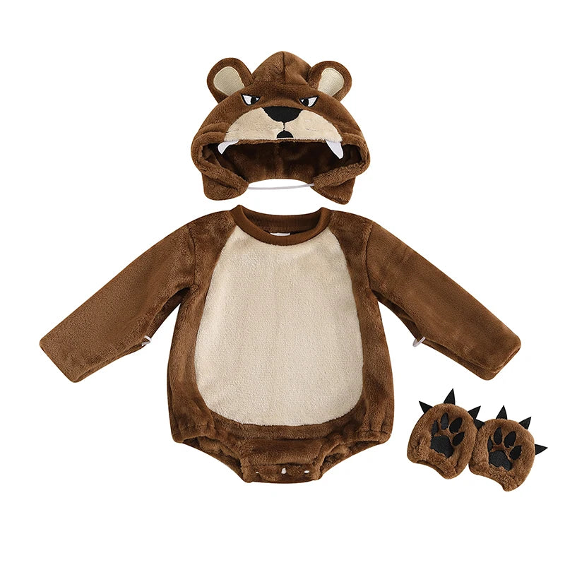 Grizzly Bear Baby Romper Set Jumpsuit with Hat and Gloves