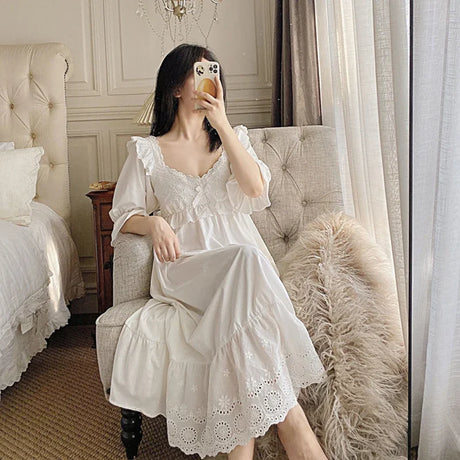 Summer Cotton Women's Sleepwear Antique French Style Lace Nightgown Nightdress