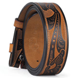 Genuine Leather Vintage Belt No Buckle Embossed Cowhide Strap Western Cowboy Belts