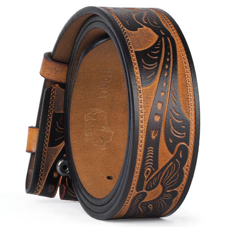 Genuine Leather Vintage Belt No Buckle Embossed Cowhide Strap Western Cowboy Belts