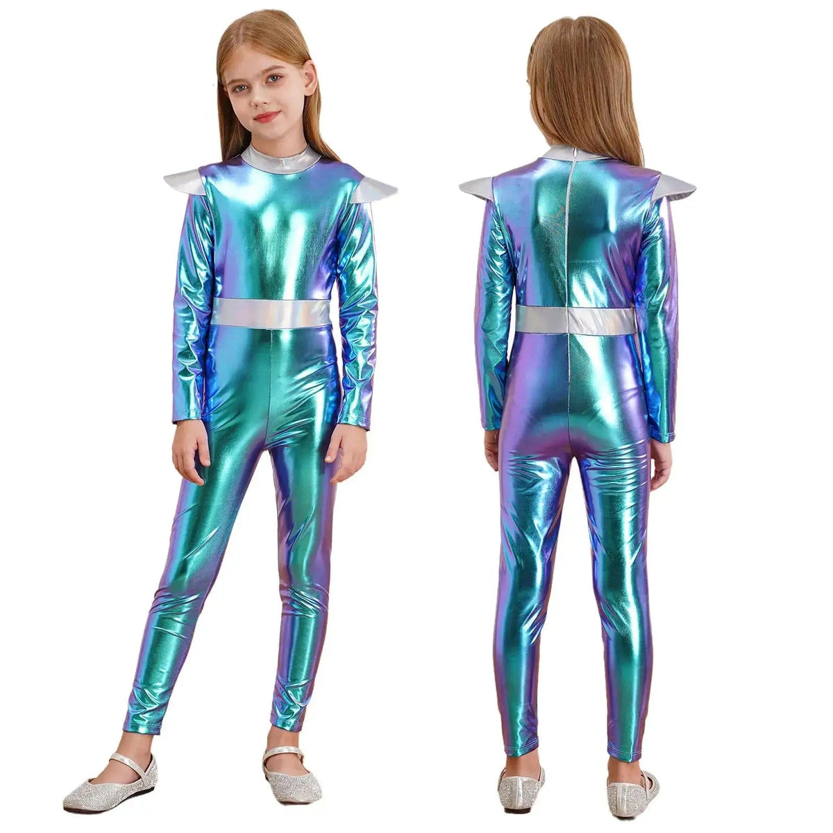 Girls Boys Alien Costume Shiny Metallic Full Body Suit Space Astronaut Robot Halloween Dress Up