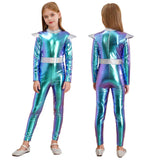 Girls Boys Alien Costume Shiny Metallic Full Body Suit Space Astronaut Robot Halloween Dress Up